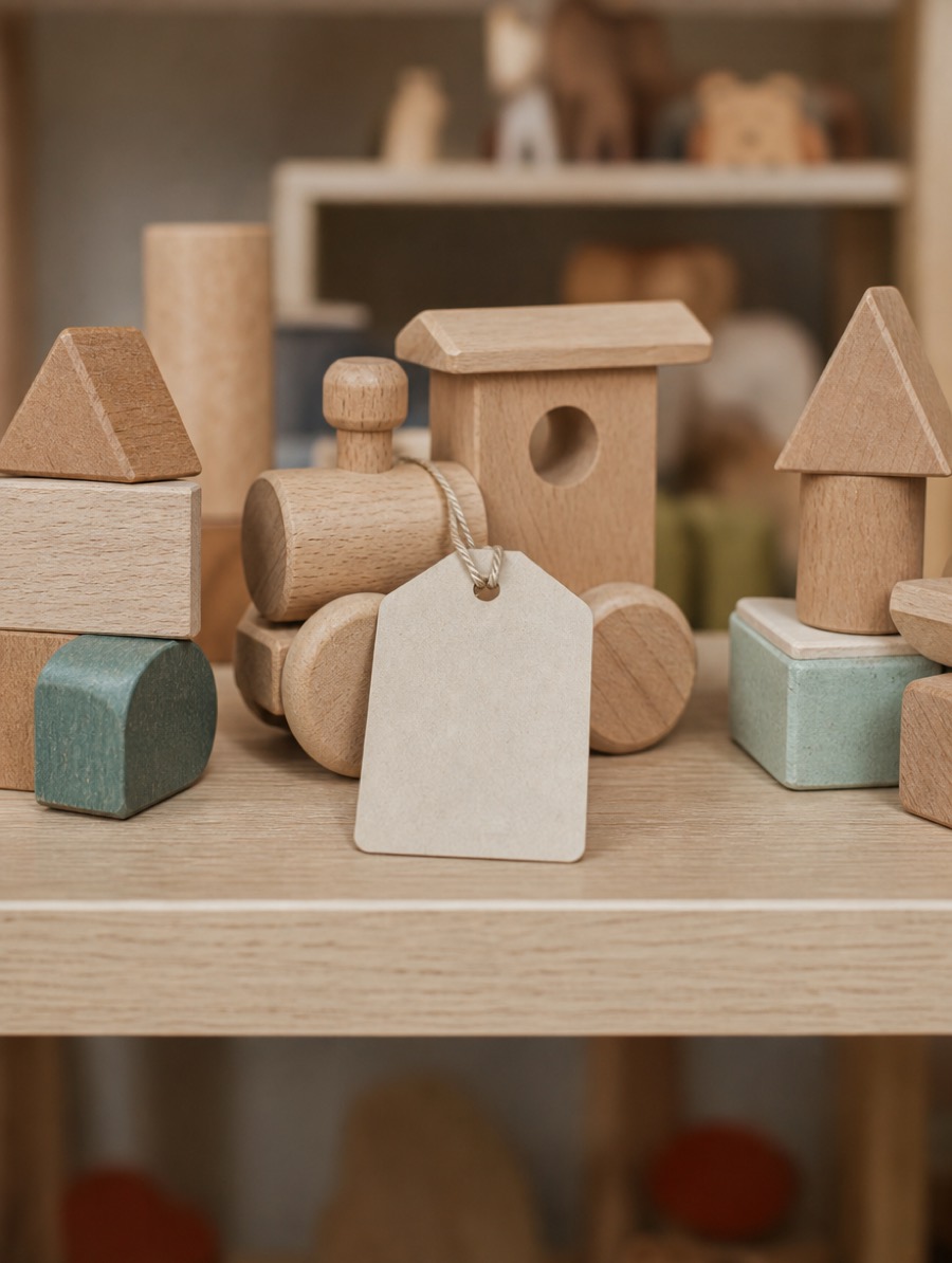 Gros plan de cubes en bois, d'un petit train et d'une étiquette vierge posés sur une étagère en chêne clair.