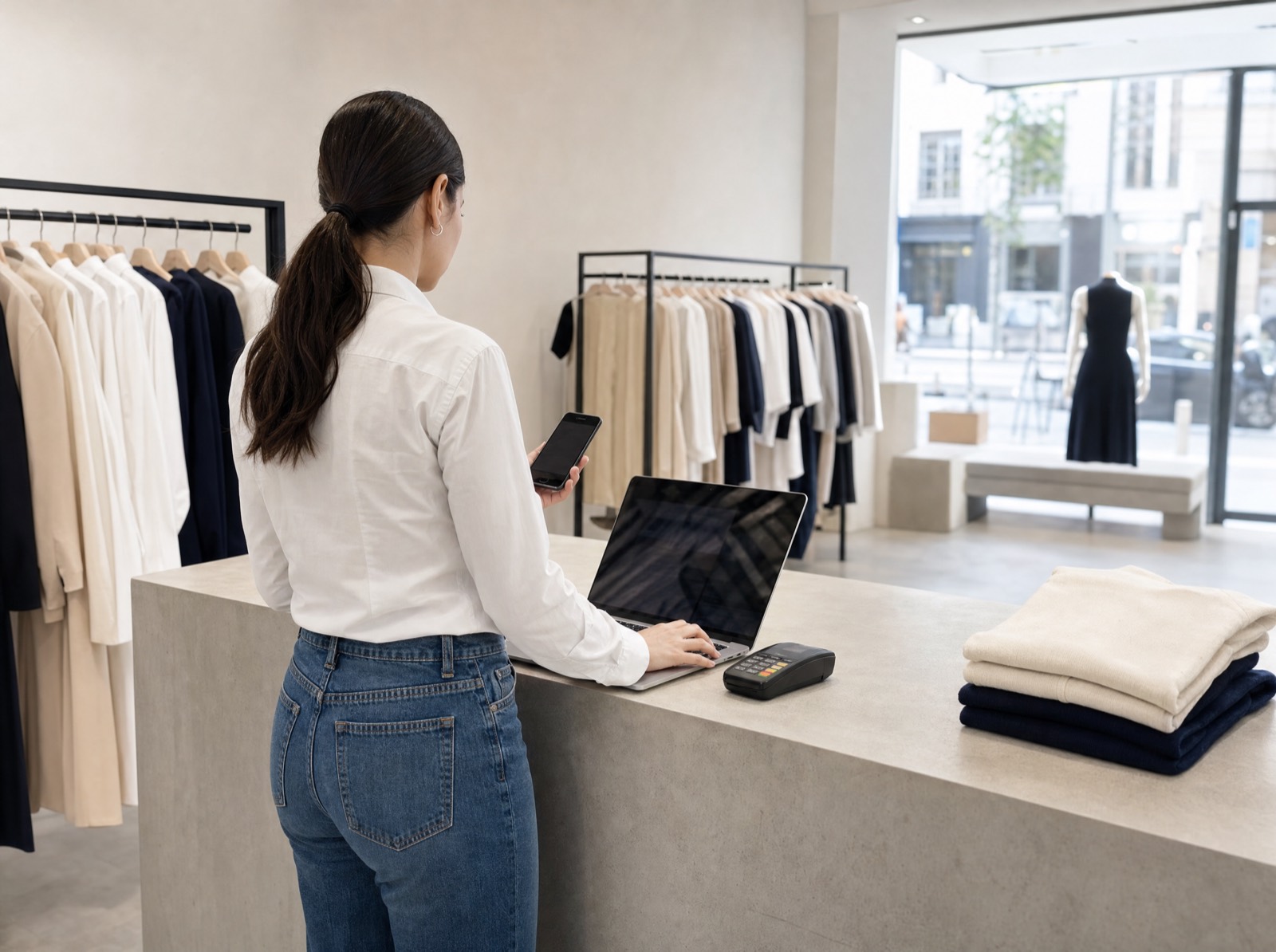 Commerçante en jean et chemise blanche au comptoir de sa boutique, son ordinateur portable ouvert et son téléphone en main.