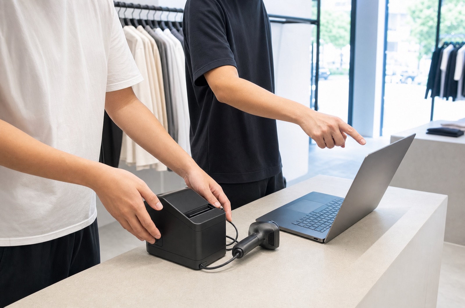 Deux personnes derrière le comptoir d'une boutique, en train de brancher une imprimante à tickets et une douchette codes-barres à côté d'un ordinateur portable.