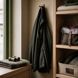 Coin d'une boutique de chasse : veste en toile huilée sur une patère, gibecière en cuir et jumelles.