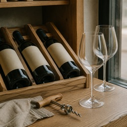 Casier en bois d'un caviste : trois bouteilles couchées, tire-bouchon et deux verres sur le comptoir.