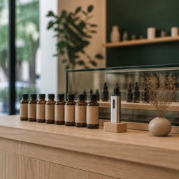 Comptoir d'une boutique de vape : rangée de petits flacons ambrés et vitrine en verre.