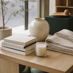 Table de présentation d'un concept store : livres empilés, vase en grès et plaid en lin sur du chêne clair.