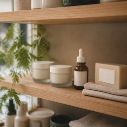Étagère d'une boutique de cosmétiques : pots de crème en verre dépoli, flacon compte-gouttes et savon sur du lin.