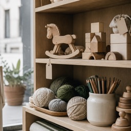 Étagère d'un magasin de jouets : cubes en bois, cheval à bascule, pelotes de laine et crayons de couleur.