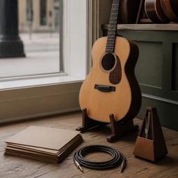 Coin d'un magasin de musique : guitare acoustique sur son support, métronome en bois et câble enroulé.