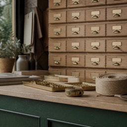 Comptoir d'une quincaillerie : mur de petits tiroirs en bois à poignées laiton, mètre ruban et rouleau de corde.