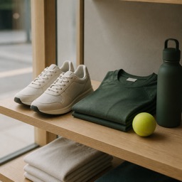 Étagère d'un magasin de sport : paire de chaussures, maillot plié et gourde sur du bois clair.