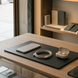 Comptoir d'une boutique de téléphonie : téléphone posé face contre table, câble enroulé et écouteurs dans leur boîtier.