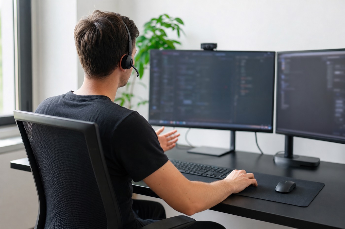 Développeur avec un casque-micro devant deux écrans de code dans un bureau clair, en train de parler à un client.