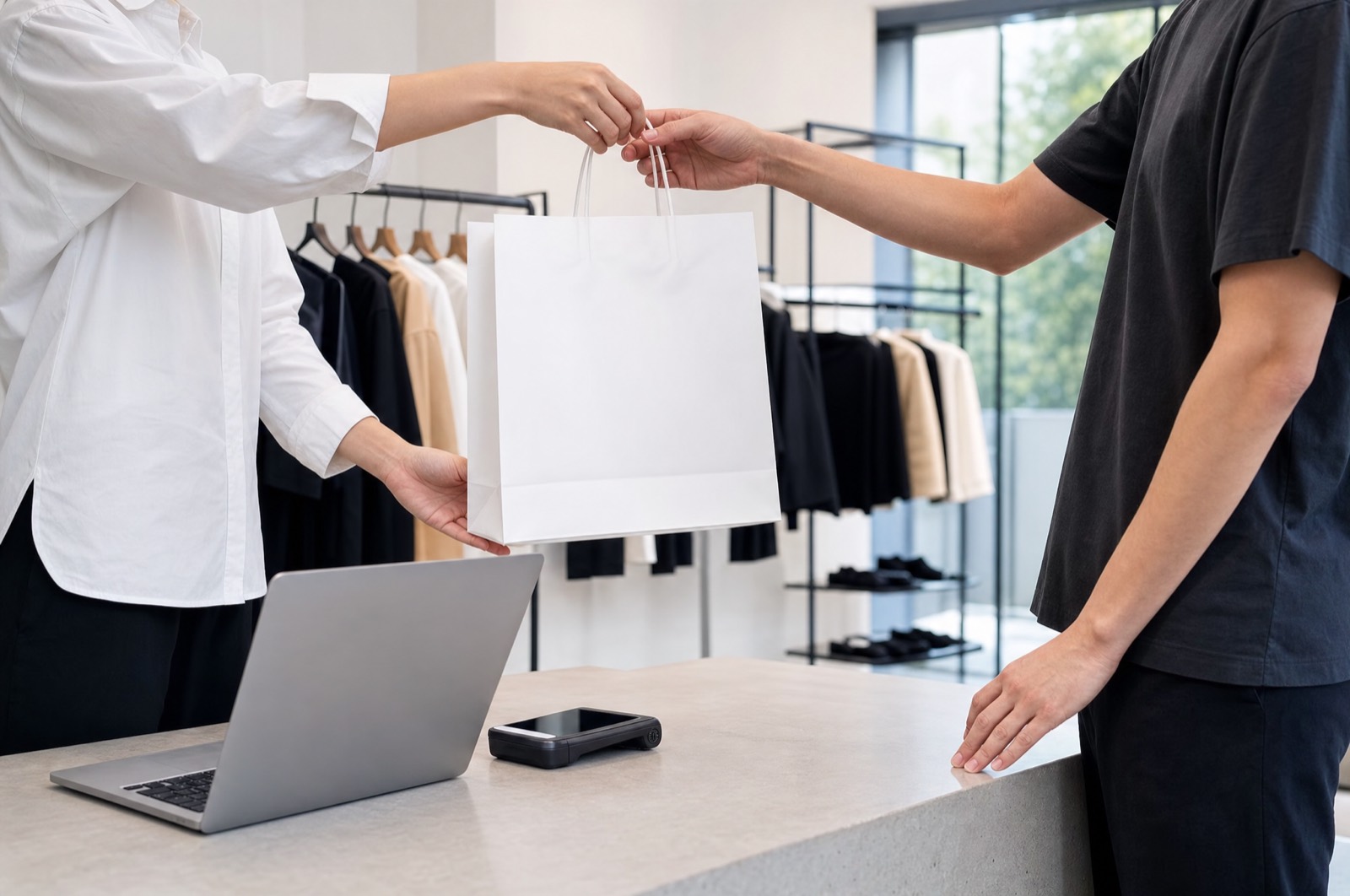 Commerçante tendant un sac à une cliente par-dessus le comptoir, un ordinateur portable et un terminal de paiement posés à côté.