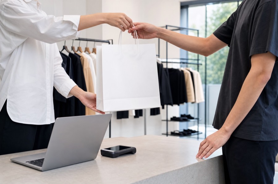 Commerçante tendant un sac à une cliente par-dessus le comptoir, un ordinateur portable et un terminal de paiement posés à côté.