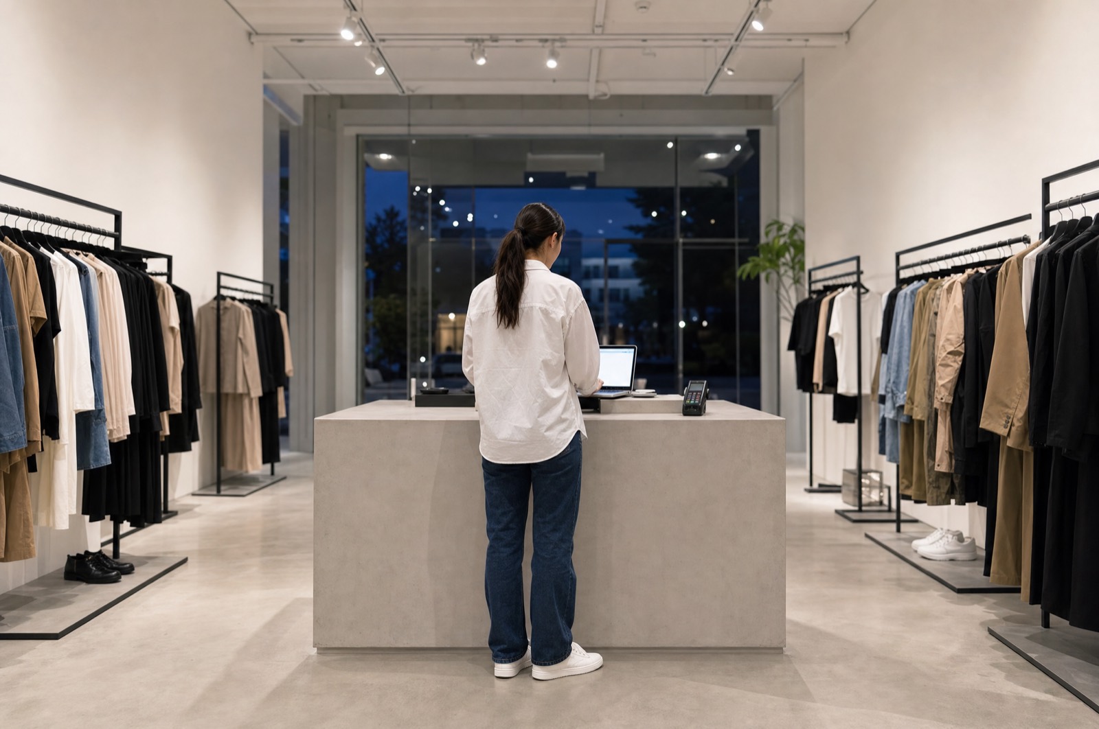 Commerçante en jean et chemise blanche debout au comptoir de sa boutique en fin de journée, vue de dos, devant un ordinateur portable ouvert et un terminal de paiement.
