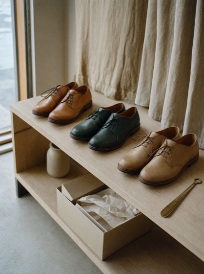 Présentoir en bois d'un magasin de chaussures, trois paires en cuir alignées et une boîte ouverte avec du papier de soie.