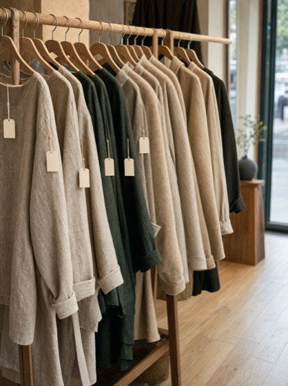 Portant en bois d'une boutique de prêt-à-porter, vêtements en lin et laine sur cintres assortis, chacun avec son étiquette.