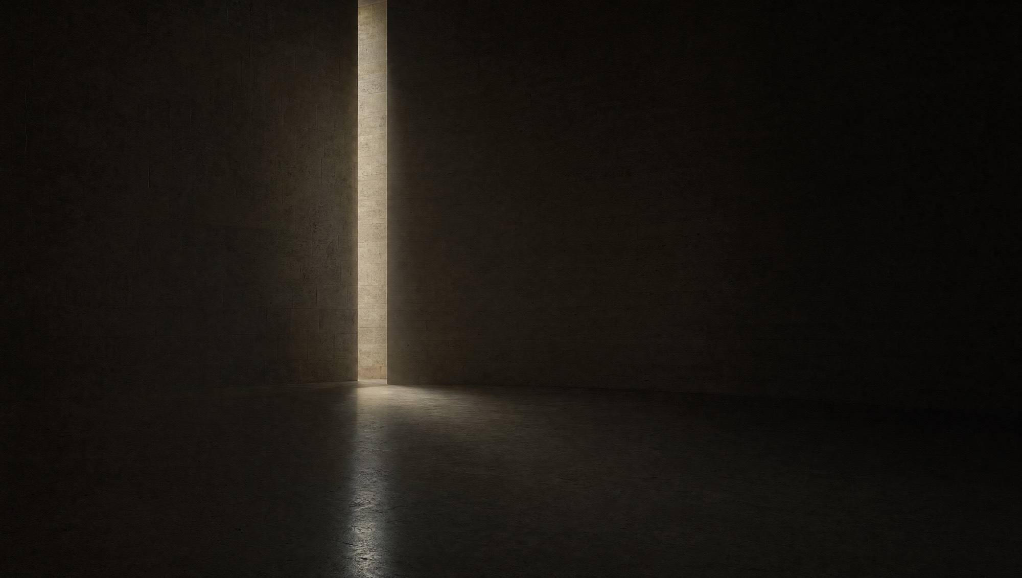 Un trait de lumière du jour tombe d'une ouverture verticale étroite sur le sol de pierre pâle d'une salle vide et sombre.