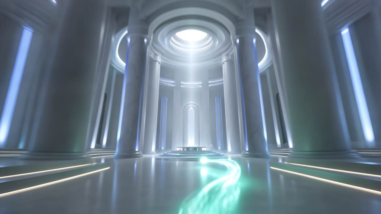 Intérieur d'un temple de marbre clair, traversé par un filet de lumière verte qui court sur le sol vers un autel central.