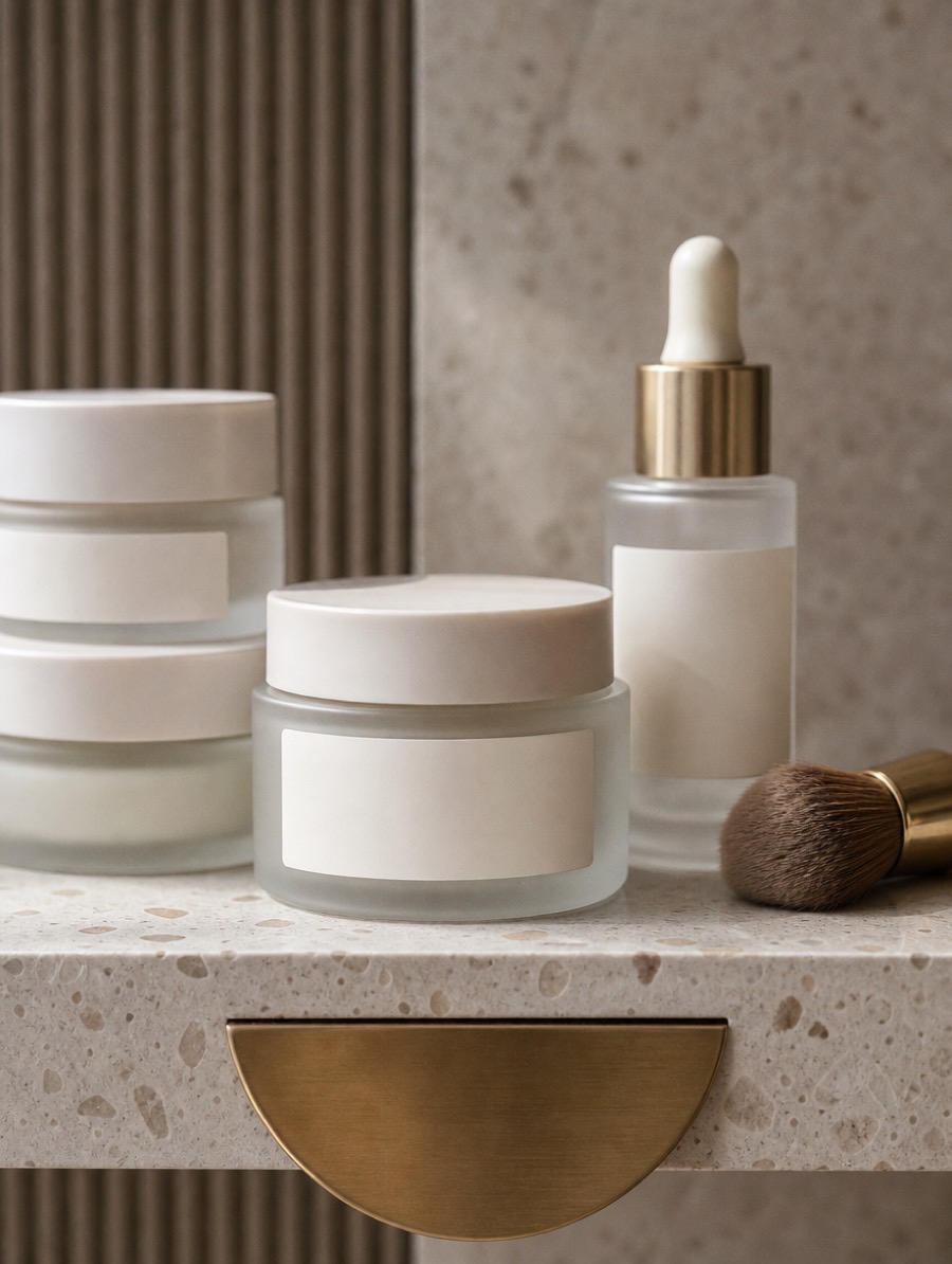 Gros plan de pots de cosmétique en verre dépoli, d'un flacon compte-gouttes et d'un pinceau sur une étagère en pierre claire.