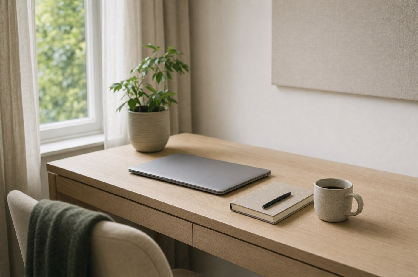 Bureau clair et rangé : un ordinateur portable fermé, un carnet, une tasse de café et une plante, dans la lumière du jour.